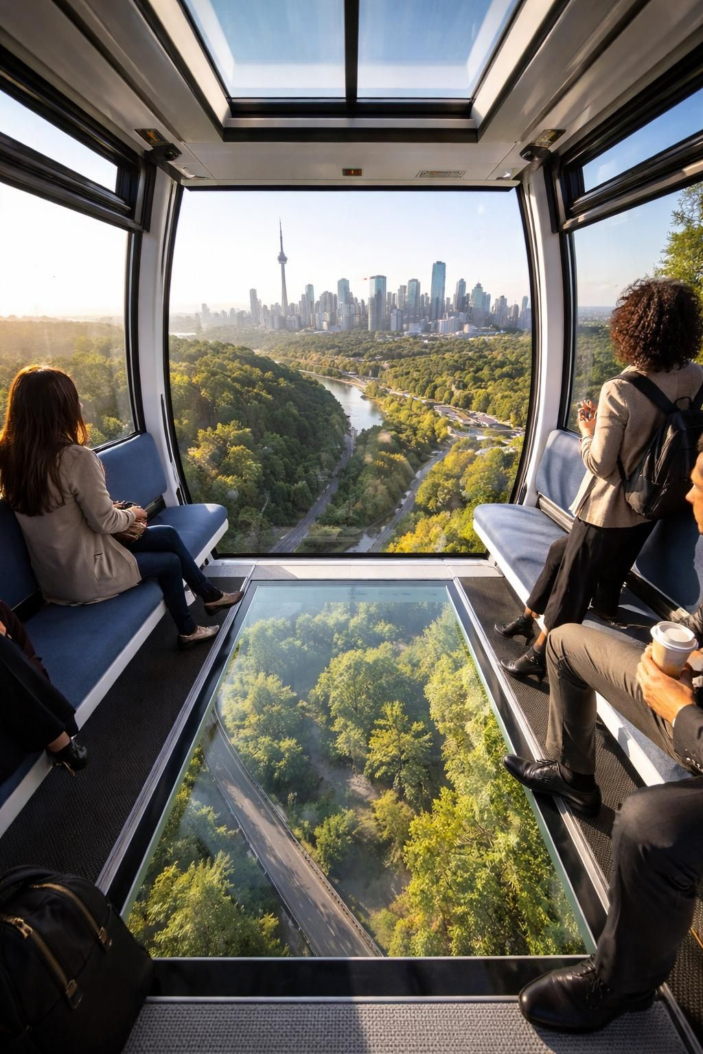 Gondola cars gliding above a city valley