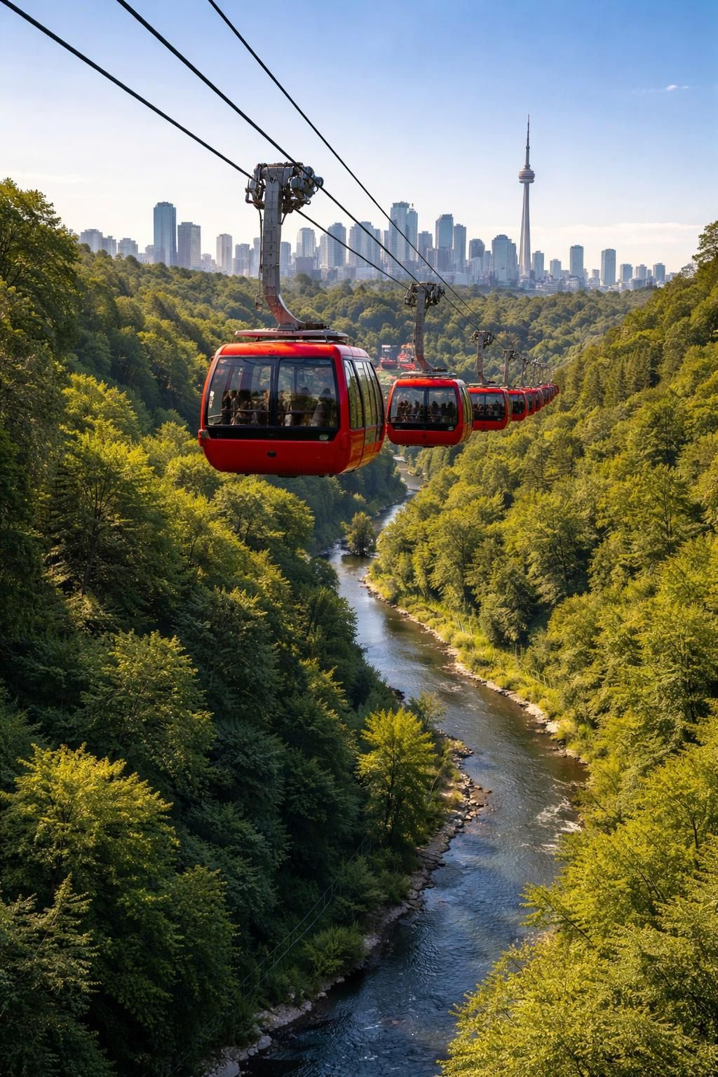 A gondola line stretching toward a waterfront skyline